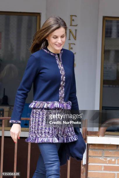Queen Letizia of Spain arrives at Integra Foundation headquarters on March 20, 2018 in Madrid, Spain
