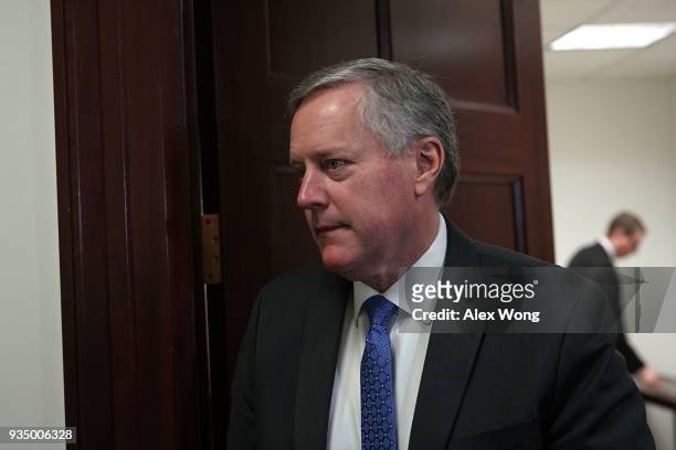 Rep. Mark Meadows leaves after the weekly House Republican Conference meeting March 20, 2018 at the Capitol in Washington, DC. House Republicans held...