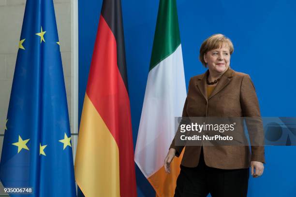 German Chancellor Angela Merkel leaves after a news conference with Irish Prime Minister Leo Varadkar at the Chancellery in Berlin, Germany on March...