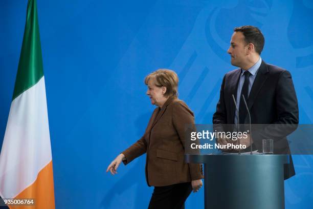 German Chancellor Angela Merkel and Irish Prime Minister Leo Varadkar leave after a news conference at the Chancellery in Berlin, Germany on March...