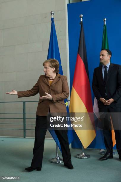 German Chancellor Angela Merkel and Irish Prime Minister Leo Varadkar leave after a news conference at the Chancellery in Berlin, Germany on March...