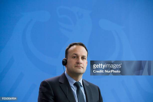 Irish Prime Minister Leo Varadkar is pictured during a news conference with German Chancellor Angela Merkel at the Chancellery in Berlin, Germany on...