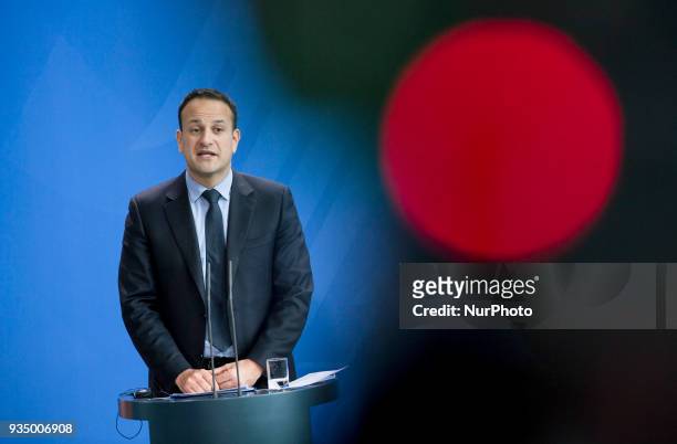 Irish Prime Minister Leo Varadkar is pictured during a news conference with German Chancellor Angela Merkel at the Chancellery in Berlin, Germany on...