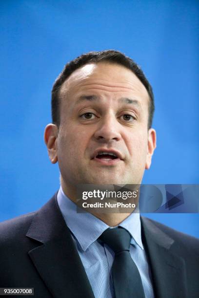 Irish Prime Minister Leo Varadkar is pictured during a news conference with German Chancellor Angela Merkel at the Chancellery in Berlin, Germany on...