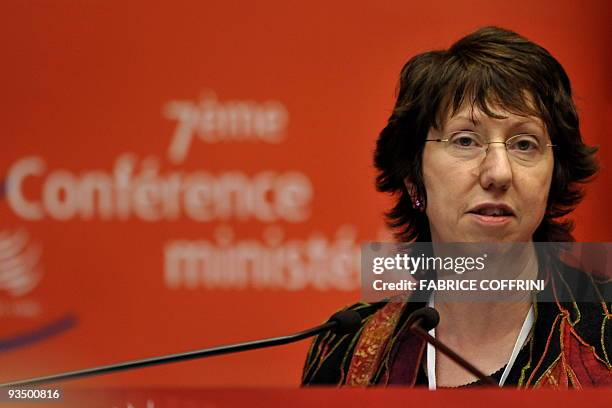 Outgoing European Trade Commissioner Catherine Ashton delivers her speech during the opening session of the World Trade Organization ministerial...