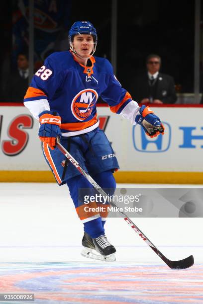 Sebastian Aho of the New York Islanders skates against the Carolina Hurricanesat Barclays Center on March 18, 2018 in New York City. Carolina...