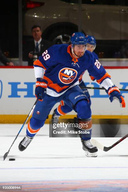 Brock Nelson of the New York Islanders skates against the Carolina Hurricanesat Barclays Center on March 18, 2018 in New York City. Carolina...