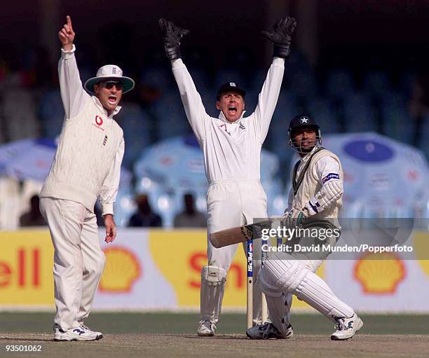 England fielder Graham Thorpe and wicketkeeper Alec Stewart appeal for LBW against Pakistan batsman Saqlain Mushtaq who was not out and made 32 runs...