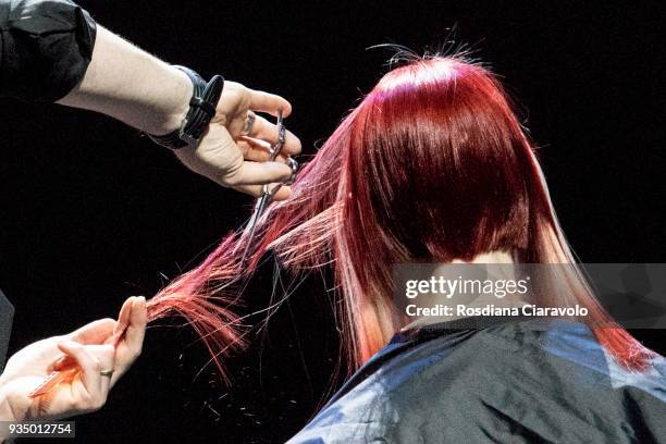 Model is seen during SCHWARZKOPF PROFESSIONAL Trend Preview Spring - Summer 2018 show during On Hair Collection at BolognaFiere Exhibition Centre on...