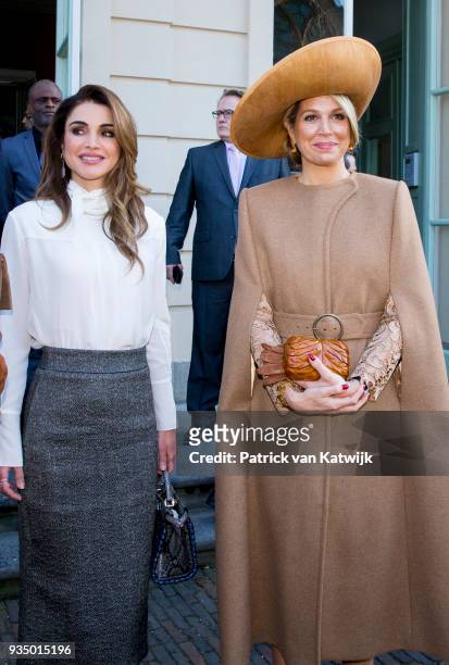 Queen Maxima of The Netherlands and Queen Rania of Jordan arrive at theater Diligentia for the World Class Students Q&A session on March 20, 2018 in...