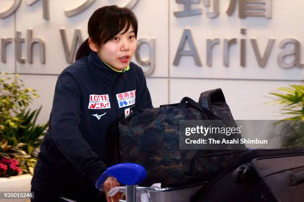 Speed skater Miho Takagi is seen on arrival at Narita International Airport on March 20, 2018 in Narita, Chiba, Japan.