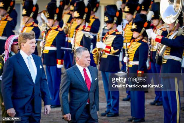 King Willem-Alexander of The Netherlands and King Abdullah of Jordan during an official welcome ceremony for the King and Queen of Jordan at Palace...