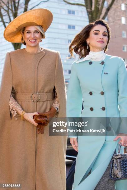 Queen Maxima of The Netherlands and Queen Rania of Jordan visit the Gemeentemuseum on March 20, 2018 in The Hague, Netherlands.