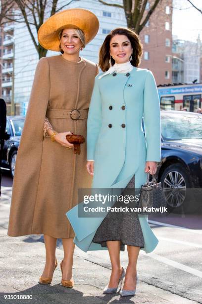 Queen Maxima of The Netherlands and Queen Rania of Jordan visit the Gemeentemuseum on March 20, 2018 in The Hague, Netherlands.