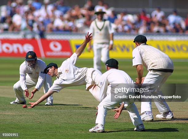 Australian fielder Ricky Ponting just fails to catch a sharp chance offered by England batsman Darren Gough on the fifth day of the 5th Test match...