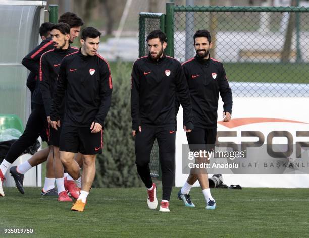 Alper Potuk , Yunus Malli and Kaan Ayhan of Turkish National Football Team attend a training session ahead of Friendly Football match between Turkey...