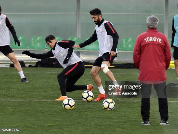 Yunus Malli and Cengiz Under of Turkish National Football Team attend a training session ahead of Friendly Football match between Turkey and Ireland...