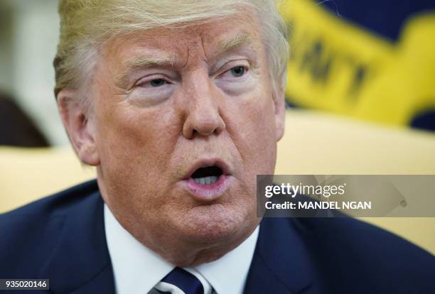 President Donald Trump speaks during a meeting with Saudi Arabia's Crown Prince Mohammed bin Salman in the Oval Office of the White House on March...