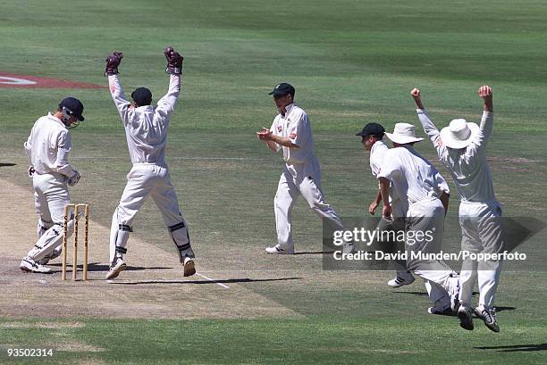 England batsman Phil Tufnell is out for 0 caught by Daryll Cullinan off the bowling of Paul Adams to win the match and the series on the fourth day...