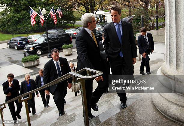 Treasury Secretary Timothy Geithner walks into the U.S. Treasury Building with Australian Prime Minister Kevin Rudd November 30, 2009 in Washington,...