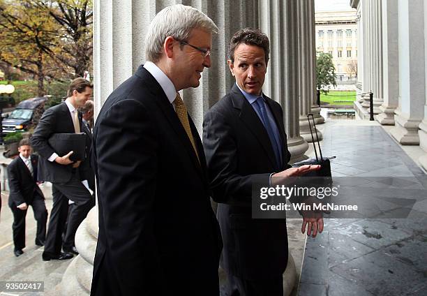 Treasury Secretary Timothy Geithner walks into the U.S. Treasury Building with Australian Prime Minister Kevin Rudd November 30, 2009 in Washington,...