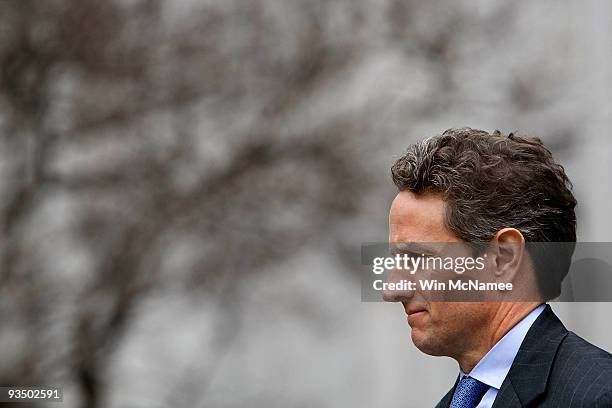 Treasury Secretary Timothy Geithner awaits the arrival of Australian Prime Minister Kevin Rudd outside the Treasury Building November 30, 2009 in...