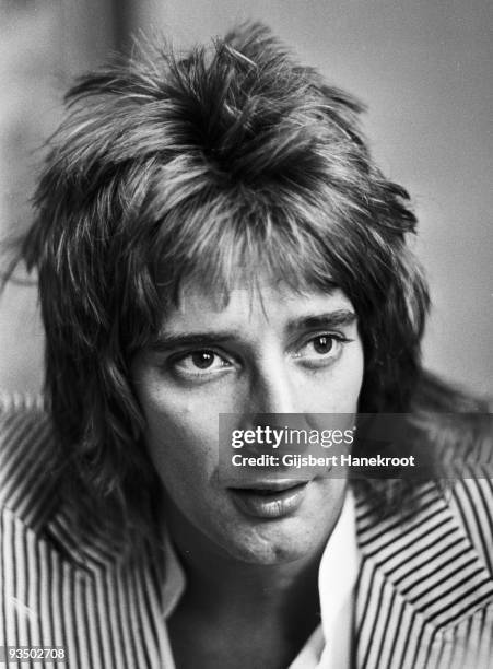 24th FEBRUARY: British singer Rod Stewart poses at a press conference to promote his LP 'Atlantic Crossing' in Amsterdam, Netherlands on 24th...