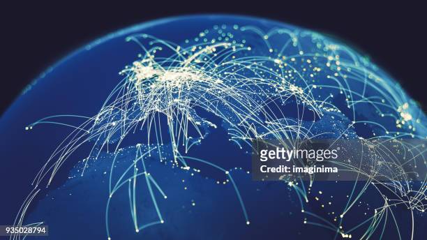 global connections (world map texture credits to nasa) - flying stock pictures, royalty-free photos & images