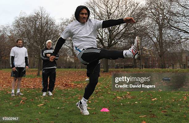 Rodney So'oialo takes a soccer penalty during the All Blacks recovery games session held in Hyde Park on November 30, 2009 in London, England.