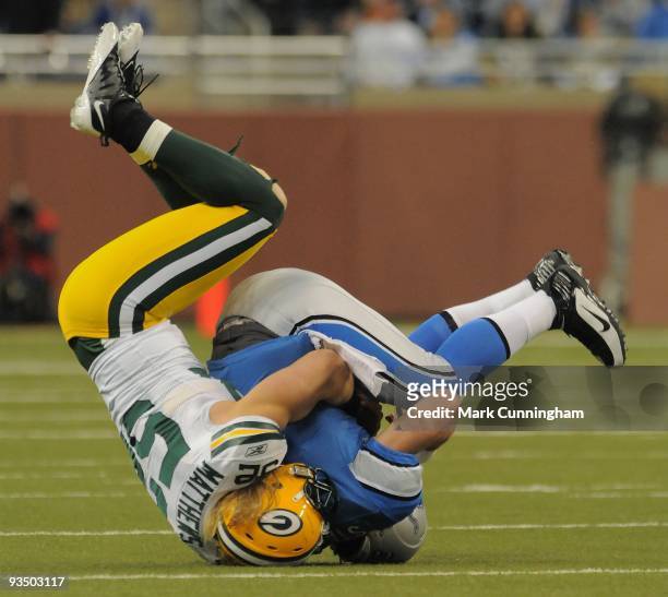 Clay Matthews of the Green Bay Packers sacks Detroit Lions quarterback Matthew Stafford during the game at Ford Field on November 26, 2009 in...