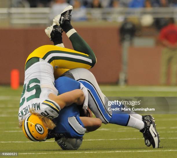 Clay Matthews of the Green Bay Packers sacks Detroit Lions quarterback Matthew Stafford during the game at Ford Field on November 26, 2009 in...