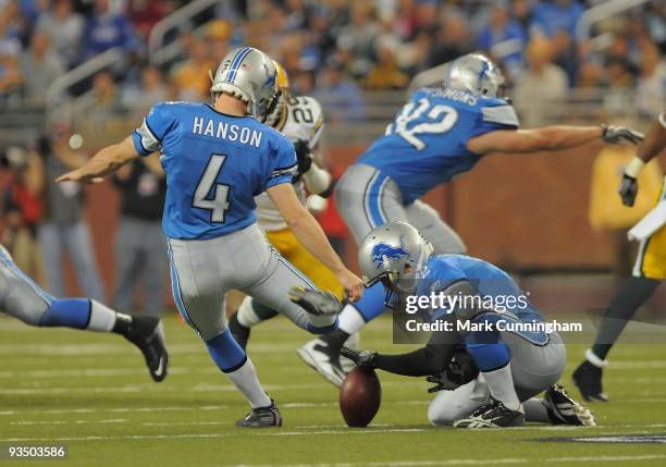 Jason Hanson of the Detroit Lions attempts a field goal against the Green Bay Packers at Ford Field on November 26, 2009 in Detroit, Michigan. The...