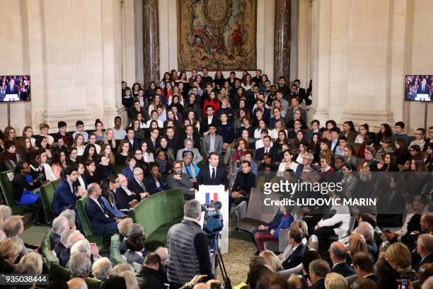 France's President Emmanuel Macron gives a speech to unveil his strategy to promote French language as part of the International Francophonie Day...
