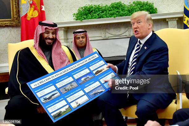President Donald Trump holds up a chart of military hardware sales as he meets with Crown Prince Mohammed bin Salman of the Kingdom of Saudi Arabia...