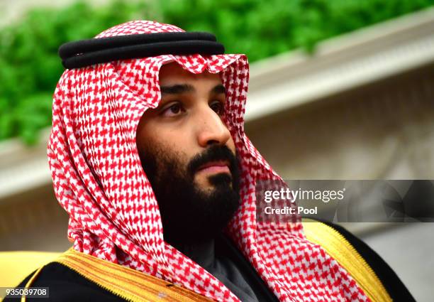 Crown Prince Mohammed bin Salman of the Kingdom of Saudi Arabia is seen during a meeting with President Donald Trump in the Oval Office at the White...