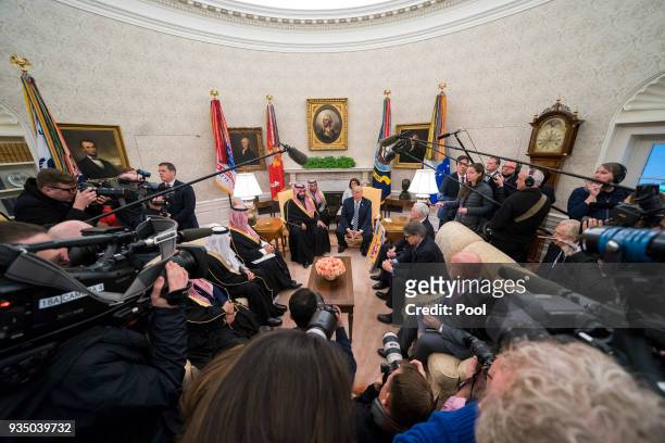 President Donald Trump meets Crown Prince Mohammed bin Salman of the Kingdom of Saudi Arabia in the Oval Office at the White House on March 20, 2018...