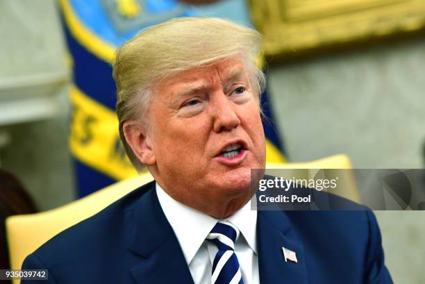 President Donald Trump delivers remarks during a meeting with Crown Prince Mohammed bin Salman of the Kingdom of Saudi Arabia in the Oval Office at...