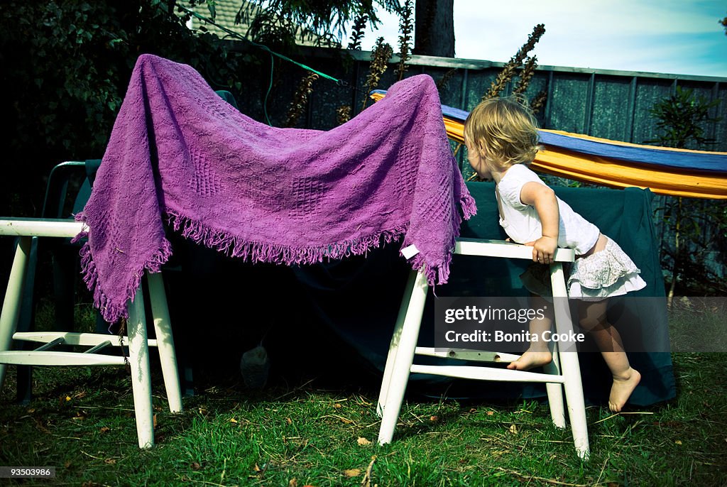 Childhood play, makeshift tent