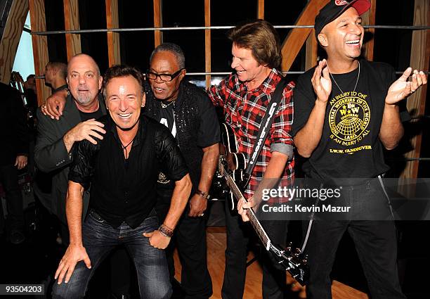 Billy Joel, Bruce Springsteen, Sam Moore, John Fogerty and Tom Morello attends the 25th Anniversary Rock & Roll Hall of Fame Concert at Madison...