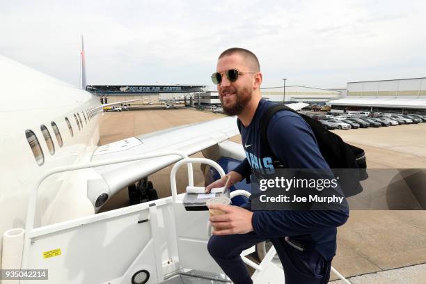 Chandler Parsons of the Memphis Grizzlies boards the team plane on March 18, 2018 at Wilson Air Center in Memphis, Tennessee. NOTE TO USER: User...