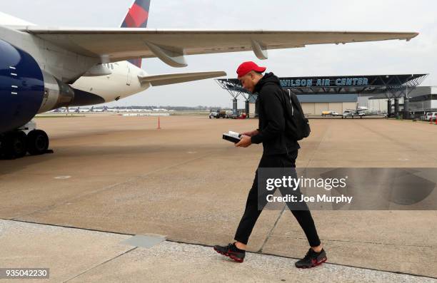 Brice Johnson of the Memphis Grizzlies boards the team plane on March 18, 2018 at Wilson Air Center in Memphis, Tennessee. NOTE TO USER: User...