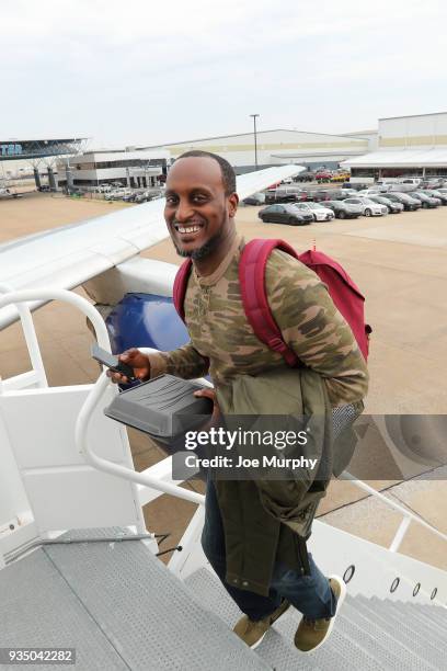 Brevin Knight of the Memphis Grizzlies boards the team plane on March 18, 2018 at Wilson Air Center in Memphis, Tennessee. NOTE TO USER: User...