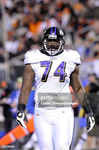 Offensive lineman Michael Oher of the Baltimore Ravens looks towards the sideline during a game on November 16, 2009 against the Cleveland Browns at...