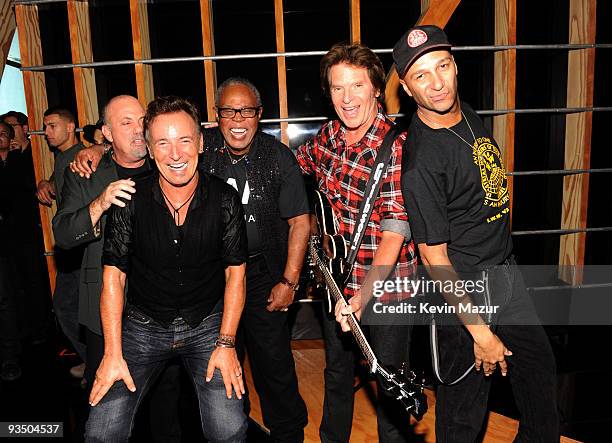 Billy Joel, Bruce Springsteen, Sam Moore, John Fogerty and Tom Morello attends the 25th Anniversary Rock & Roll Hall of Fame Concert at Madison...