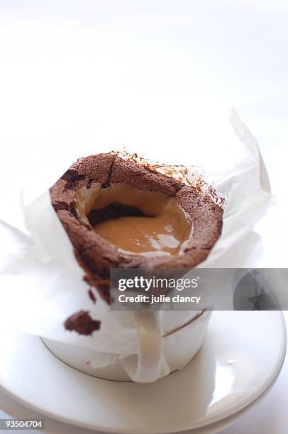 chocolate souffle with ducle de leche - chocolate souffle stock pictures, royalty-free photos & images