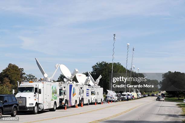 Media park outside of the Isleworth community, which is home to Tiger Woods on November 30, 2009 in Windermere, Florida. Tiger Woods has not spoken...