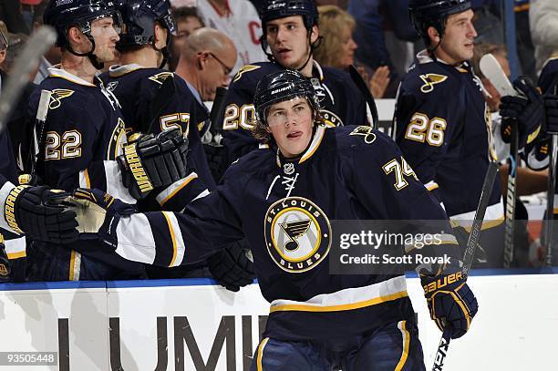 Oshie of the St. Louis Blues celebrates a goal against the Detroit Red Wings on November 28, 2009 at Scottrade Center in St. Louis, Missouri.