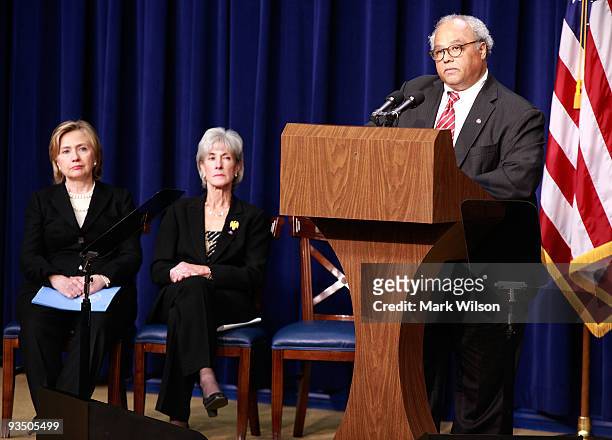 Secretary of State Hillary Rodham Clinton and Secretary of Health and Human Services Kathleen Sebelius listen as Ambassador Eric P. Goosby, MD, U.S....