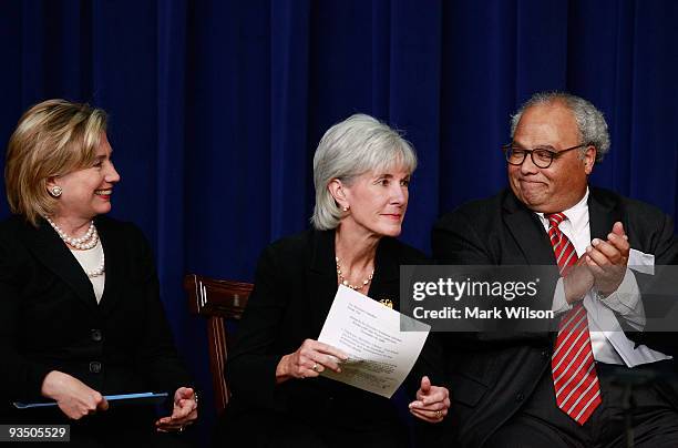 Secretary of State Hillary Rodham Clinton and Secretary of Health and Human Services Kathleen Sebelius and Ambassador Eric P. Goosby, MD, U.S. Global...