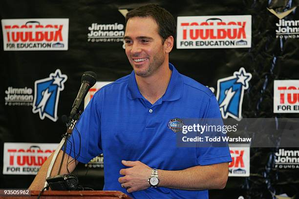 Four-time NASCAR Sprint Cup Champion Jimmie Johnson, driver of the Lowe's Chevrolet, speaks to students at his alma mater, Crest Elementary School on...